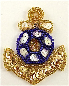 Anchor with Gold and Blue Sequins and Beads 2.5" x 2" - Sequinappliques.com