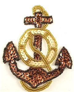 Anchor with Blue Sequins Gold Wheel 4" x 3.5" - Sequinappliques.com