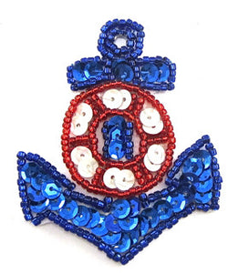 Anchor with Blue Sequins Red White Wheel 2.5" x 2" - Sequinappliques.com