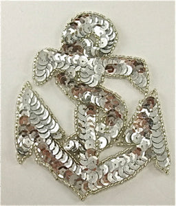Anchor with Silver Sequins and Beads 4" x 3.25" - Sequinappliques.com