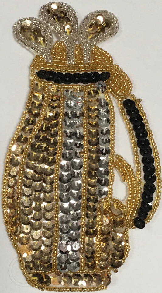 Golf Bag Appliqué with Gold, Silver and Black Sequins - Choice of Gold and Silver Beads or Gold, Black and Silver Beads  6.25" x 3.25"