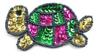 Turtle with Green Gold Fuchsia Sequins and Beads 2" X 3.5"