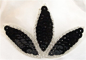 Leaf with Three Points Black and Silver Sequins and Beads 3" x 2"