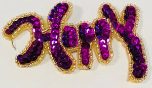 "Happy" Appliqué with Purple Sequins and Gold Beads 5"