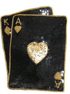 Ace King Playing Cards with Flat Black Sequins and Gold Beads 12" x 10"