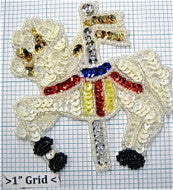Carousel Horse White with Multi-Color Sequins and Beads 3.5" x 4"