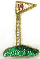 Golf Tee Pole Appliqué with Off White, Silver and Green Sequins - Gold and Red Beads 4.5" x 3"