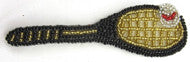 Beaded Tennis Racquet Appliqué Black and Gold with a Silver and Red Ball 4.25" X 1.25"