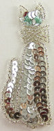 Load image into Gallery viewer, Cat Silver Sequin Beaded with Turquoise Eyes 3.5&quot; x 1&quot;