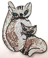 Cat with Kitten Silver and Black Sequin Beaded 8.5" x 6"