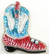 Boot Western Style with Blue/White/Rose Sequins 2.75 x 2.5"