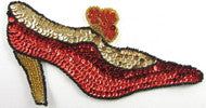High Heal Shoe Appliqué with Red and Gold Sequins and Black and Gold Beads 7" x 4"