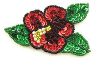 Flower with Red and Green Sequins with Black, Green, Yellow and Pearl Beads 3.5" x 2.5"