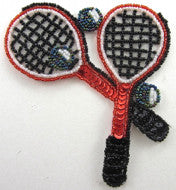 Tennis Racquets with Balls Red, Black, and White Sequin Beaded 4.5" x 4.5"