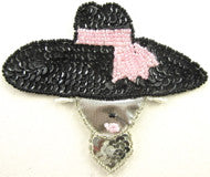 Lady Face Appliqué with Hat - Black and Silver Sequins with Black, Pink and Silver Beads 4" x 4.5"