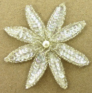 Flower with Iridescent White Sequins and Beads with Pearl 4" x 4"