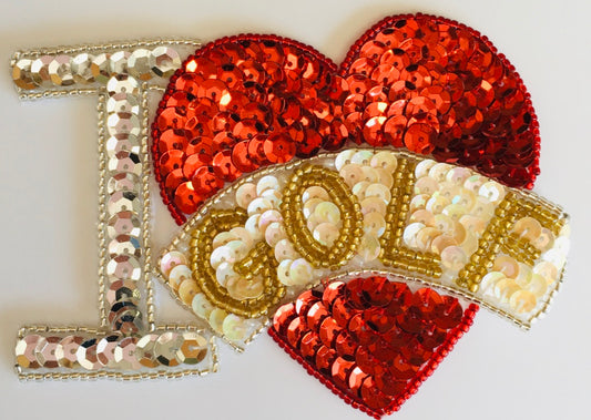 “I Love Golf” with Red Heart - Cream, Silver, Gold and Red Sequins and Beads 3" x 4.5"