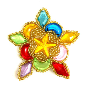 Designer Motif Star-Shape with Gold Beads and Multi-Color Acrylic Stones 3" x 3"