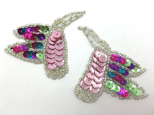 Hummingbird Pair Pink and Multi-Color Sequins, Silver Beads 4" X 3" or 2.5" x 2"
