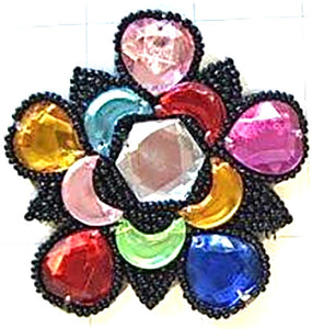 Designer Motif Jewel with Multi-Colored Stones Clear Center 3"