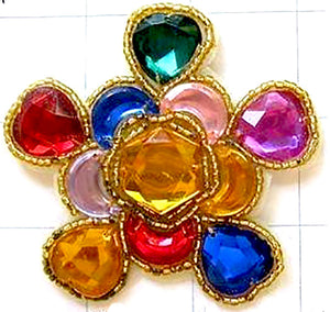 5 PACK - Designer Motif Jewel with Gold Center Multi-Colored Stones 3" - Sequinappliques.com