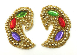 3 PACK Designer Motif Jewel Pair Paisley Shape with Gold and Colored Stones,  x 1.5" - Sequinappliques.com