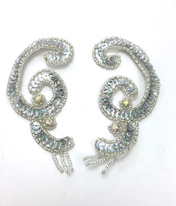 Designer Motif Swirl Pair with Silver Spotlight Sequins, Beads and Rhinestones 4" x 2"