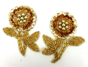 Flower Pair with Gold Sequins and Beads 2.5" x 2"