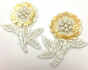 Flower Beige with White Beading and Pearls 2.5" x 2"