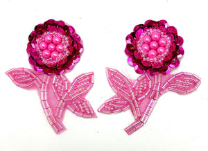 Flower Pair with Fuchsia Sequins and Beads 2.5" x 2"