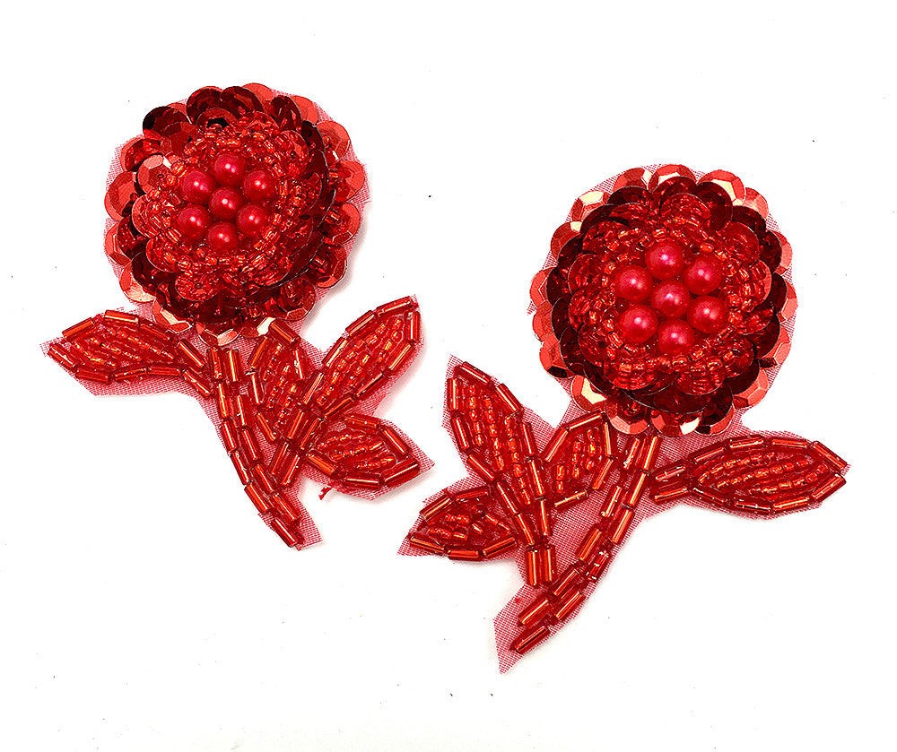 Flower Pair with Red Sequins and Beads 2.5" x 2"