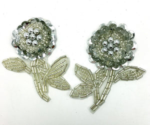 Silver sequin and beaded flower pair 2.5" X 2"