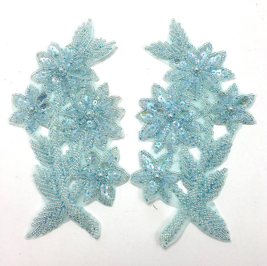 Designer Motif Flower Pair with Powder Blue Sequins and Beads 6" x 3"
