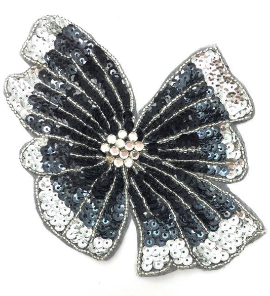 Flower Appliqué with Black and Silver Sequins and Beads with Rhinestones 5" x 6"