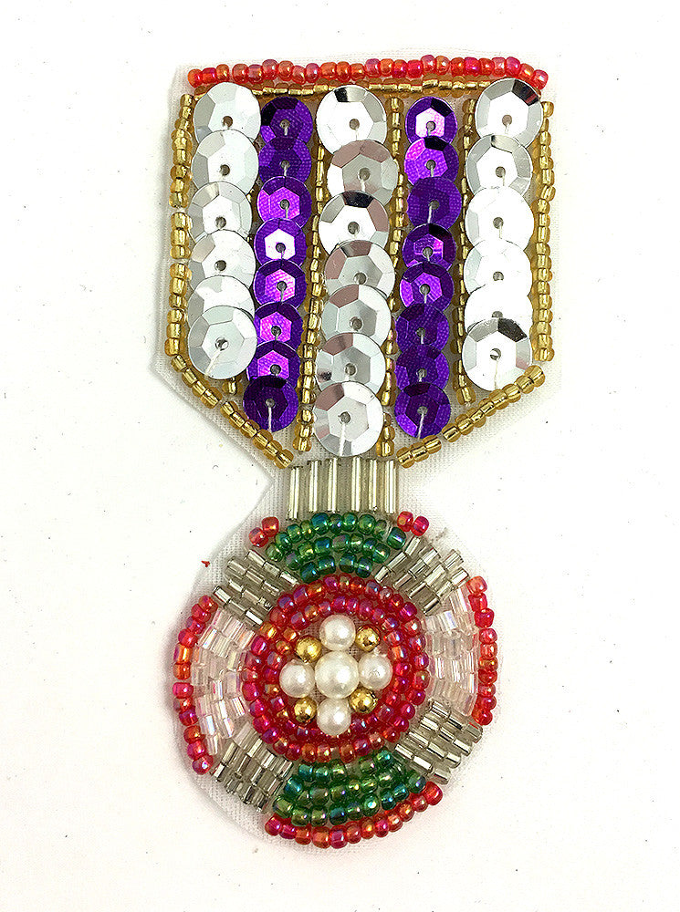 Badge Medal with Multi-Colored Sequins and Beads 3.5" x 2" - Sequinappliques.com