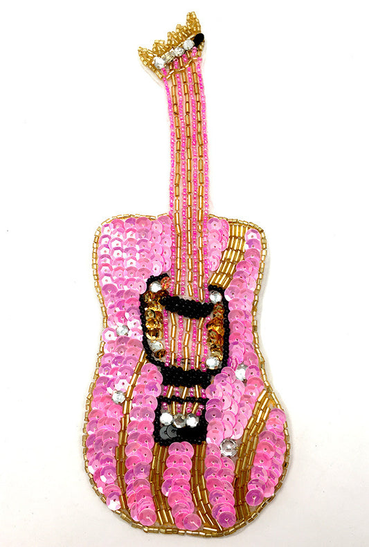 Handmade Guitar Appliqué with Pink Sequins and Beads 8.5" x 3"