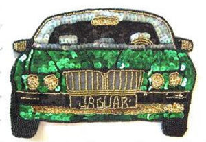 Jaguar with Green Sequins, Gold Beads 8" x 5.5"