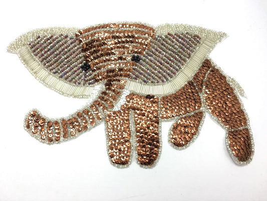 Elephant with Bronze and White Sequins and Beads 12.5 "x 7.5"