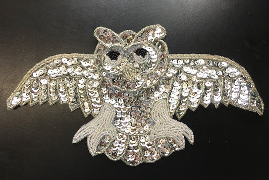 Open Wing Owl Appliqué Silver Sequins and Beads 10.5" x 5.5"