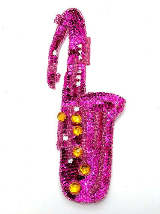 Saxophone Fuchsia Sequins and Gold Beads 13" X 6"