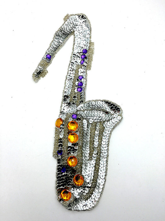 Saxophone with Silver Sequins and Multicolored Beads 13" x 6"