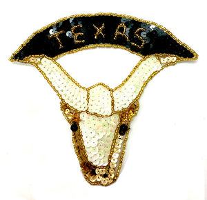 Steer Longhorn with Texas Word with Sequins Beads 5.75" x 6"