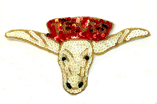 Texas Longhorn Steer with Word Texas, Beige, Red and Gold Sequins and Beads 4" x 7.5"