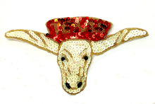 Load image into Gallery viewer, Steer Texas Longhorn with Word Texas, Beige, Red and Gold Sequins and Beads 4&quot; x 7.5&quot;