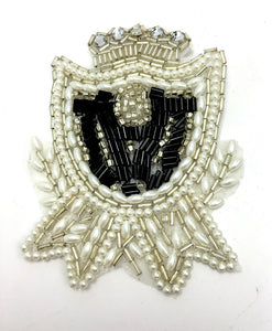 Crest with Black, White Silver Beads and Rhinestones 3.5" x 2.5"