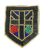 Load image into Gallery viewer, Designer Motif Crest Patch w/ Black Gold Turquoise and Red Beads 4&quot; x 3&quot;