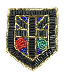 Designer Motif Crest Patch w/ Black Gold Turquoise and Red Beads 4" x 3"