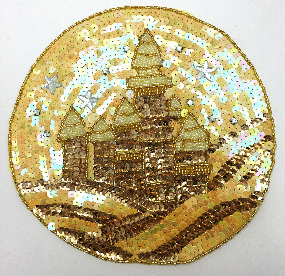 Starry Sky w/Castle. Yellow and Gold Sequins and Beads 7.75