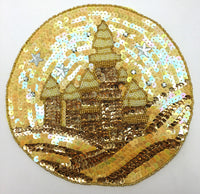 Starry Sky w/Castle. Yellow and Gold Sequins and Beads 7.75