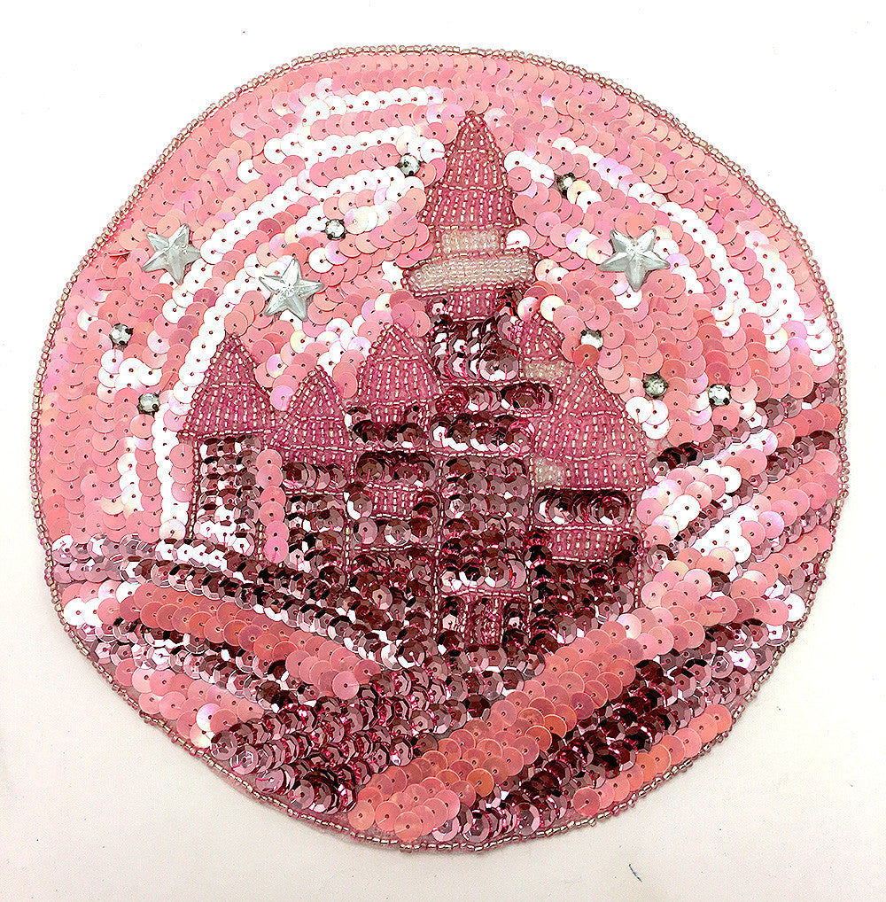 Starry Sky Over Castle. Pink Sequins & Beads & Rhinestones 7.75"